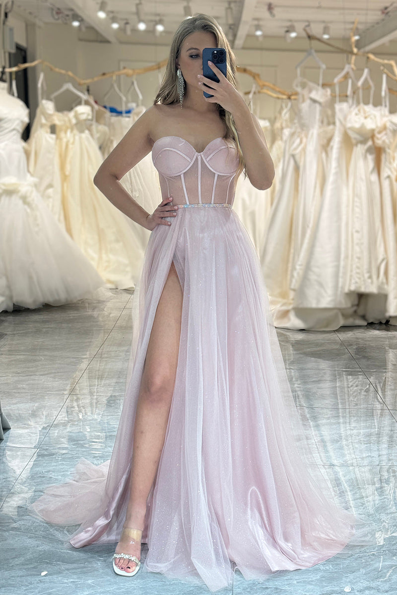 Load image into Gallery viewer, Light Pink A Line Long Corset Prom Dress With Slit