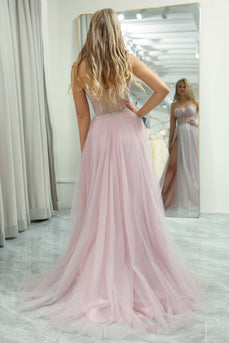 Light Pink A Line Sweetheart Long Corset Prom Dress With Slit