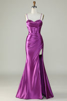 Load image into Gallery viewer, Orange Mermaid Spaghetti Straps Long Corset Prom Dress With Slit