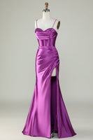 Load image into Gallery viewer, Orange Mermaid Spaghetti Straps Long Corset Prom Dress With Slit