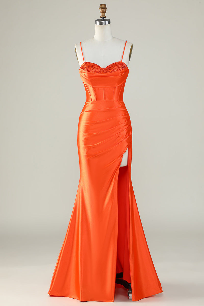 Load image into Gallery viewer, Orange Mermaid Spaghetti Straps Long Corset Prom Dress With Slit