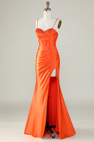 Load image into Gallery viewer, Orange Mermaid Spaghetti Straps Long Corset Prom Dress With Slit