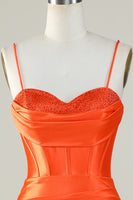 Load image into Gallery viewer, Orange Mermaid Spaghetti Straps Long Corset Prom Dress With Slit
