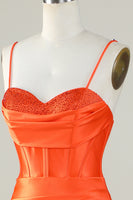 Load image into Gallery viewer, Orange Mermaid Spaghetti Straps Long Corset Prom Dress With Slit