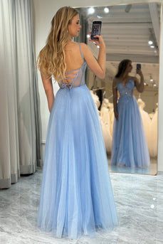 A Line Light Blue Tulle Long Corset Prom Dress