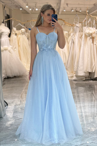 A Line Tulle Light Blue Long Corset Prom Dress