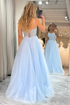 A Line Tulle Light Blue Long Corset Prom Dress