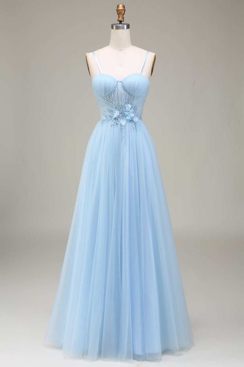 blue dress maxi Queendancer Women Sparkly Light Blue A-Line Spaghetti Straps Tulle Prom  Dress With Appliques – queendanceruk