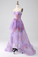 Load image into Gallery viewer, Purple Printed Strapless Corset Prom Dress
