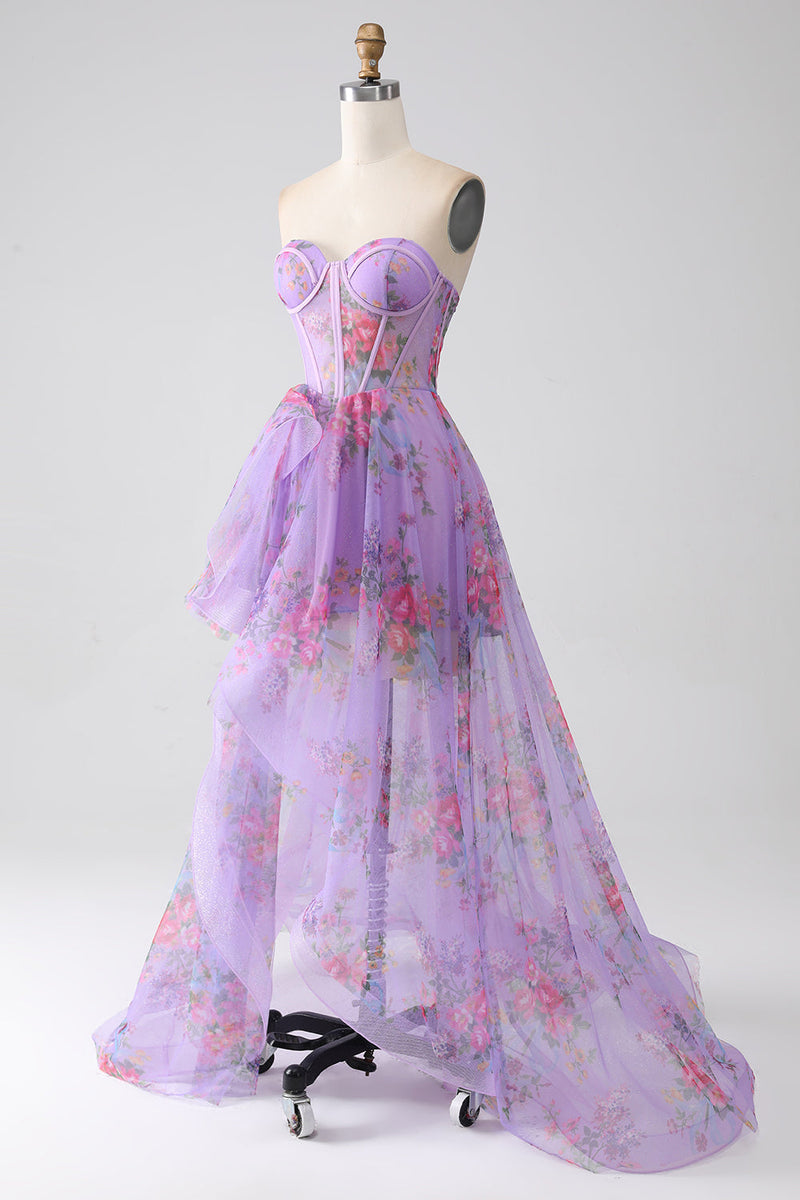 Load image into Gallery viewer, Purple Printed Strapless Corset Prom Dress