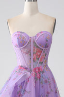 Load image into Gallery viewer, Purple Printed Strapless Corset Prom Dress