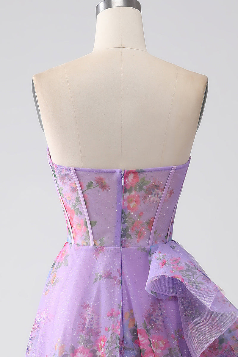 Load image into Gallery viewer, Purple Printed Strapless Corset Prom Dress