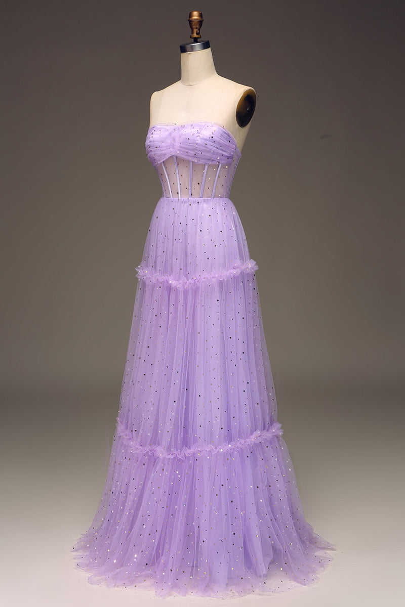 Load image into Gallery viewer, Tulle Strapless Purple Corset Prom Dress