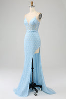 Load image into Gallery viewer, Glitter Sky Blue Spaghetti Straps Mermaid Prom Dress with Slit