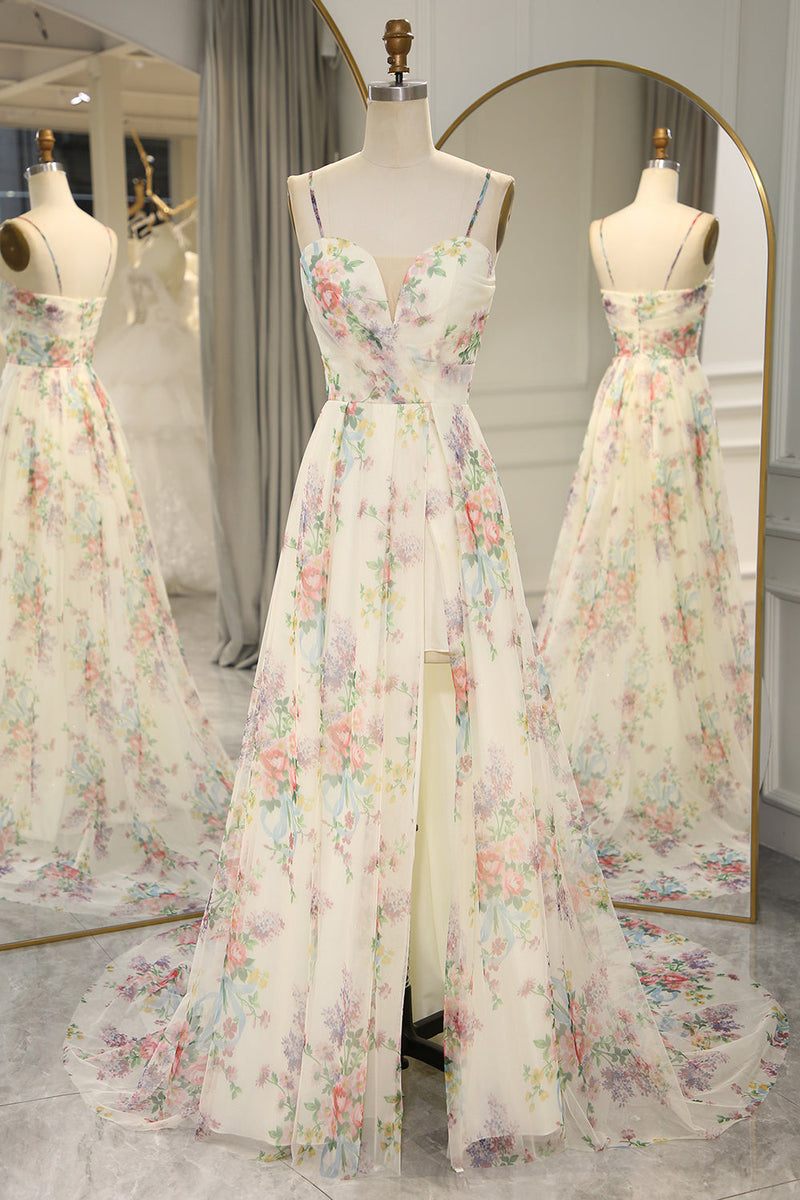 Load image into Gallery viewer, Women Flower Long Prom Dress A Line Spaghetti Straps Birthday Party Dress With Slit