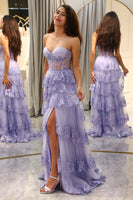 Load image into Gallery viewer, Sparkly Purple A Line Long Corset Tiered Prom Dress With Slit