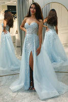 Load image into Gallery viewer, Sparkly Light Blue A Line Long Corset Prom Dress With Slit