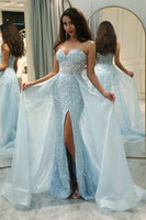 Load image into Gallery viewer, Sparkly Light Blue A Line Long Corset Prom Dress With Slit