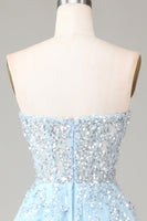Load image into Gallery viewer, Corset Blue Strapless A Line Prom Dress with Slit