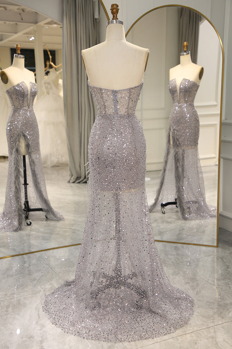 Queendancer Women Grey Long Prom Dress Sparkly Mermaid Corset Formal Dress With Feathered Slit queendanceruk Queendancer Women Grey Long Prom Dress Sparkly Mermaid Corset Formal Dress With Feathered Slit queendanceruk