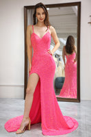 Load image into Gallery viewer, Sparkly Pink Mermaid Long Prom Dress With Slit