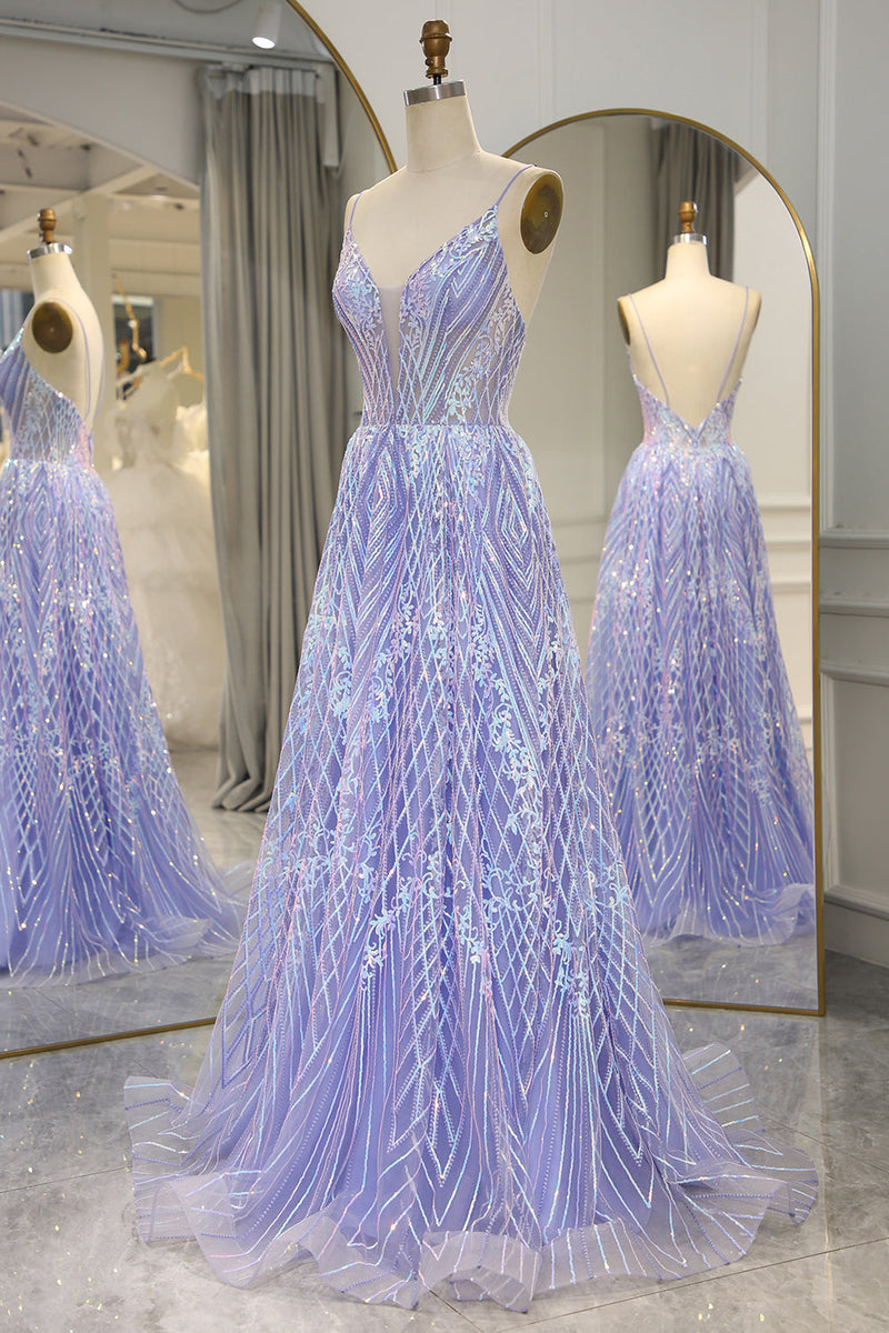 Load image into Gallery viewer, A Line Lilac Backless Long Prom Dress With Appliques
