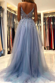 A-Line Spaghetti Straps Grey Blue Long Prom Dress with Appliques