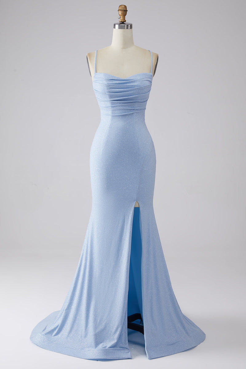 Queendancer Women Sparkly Mermaid Prom Dress with Slit Light Blue Spaghetti Straps Party Dress with Pleated queendanceruk Queendancer Women Sparkly Mermaid Prom Dress with Slit Light Blue Spaghetti Straps Party Dress with Pleated queendanceruk