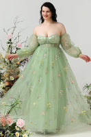 Load image into Gallery viewer, A Line Off the Shoulder Green Plus Size Prom Dress with Embroidery