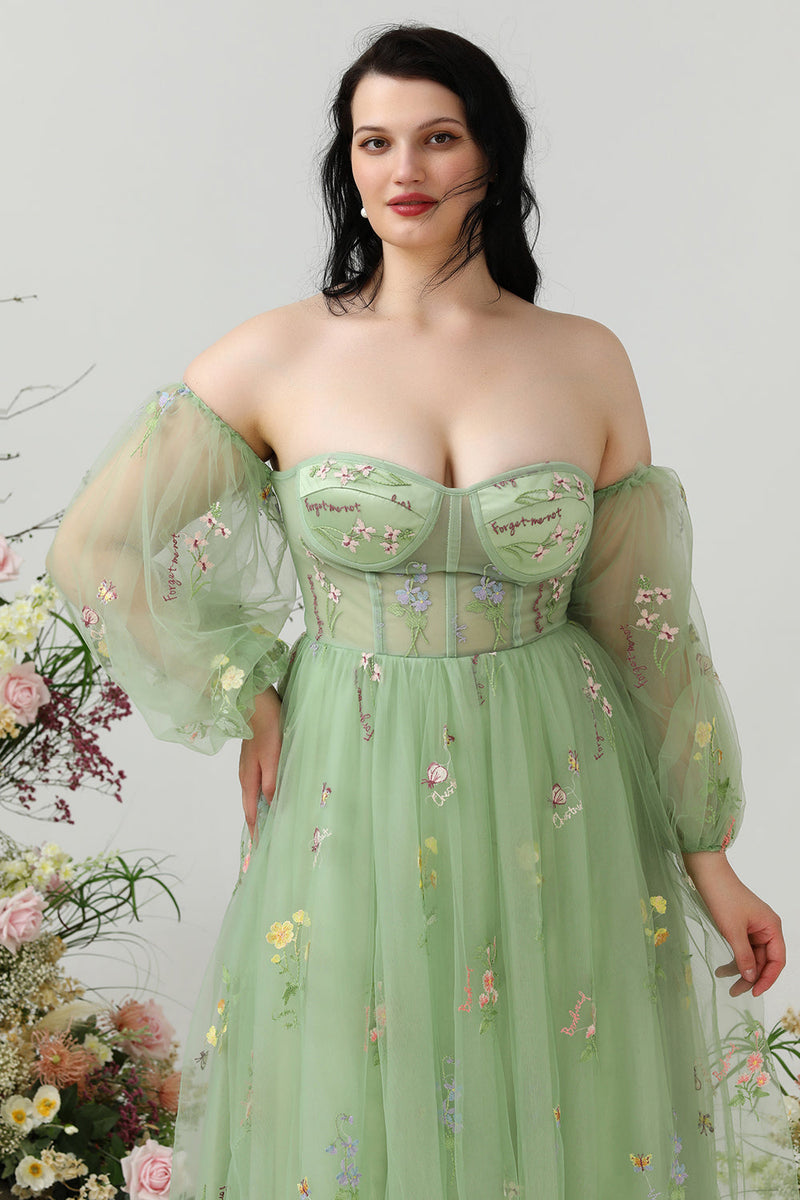 Load image into Gallery viewer, A Line Off the Shoulder Green Plus Size Prom Dress with Embroidery