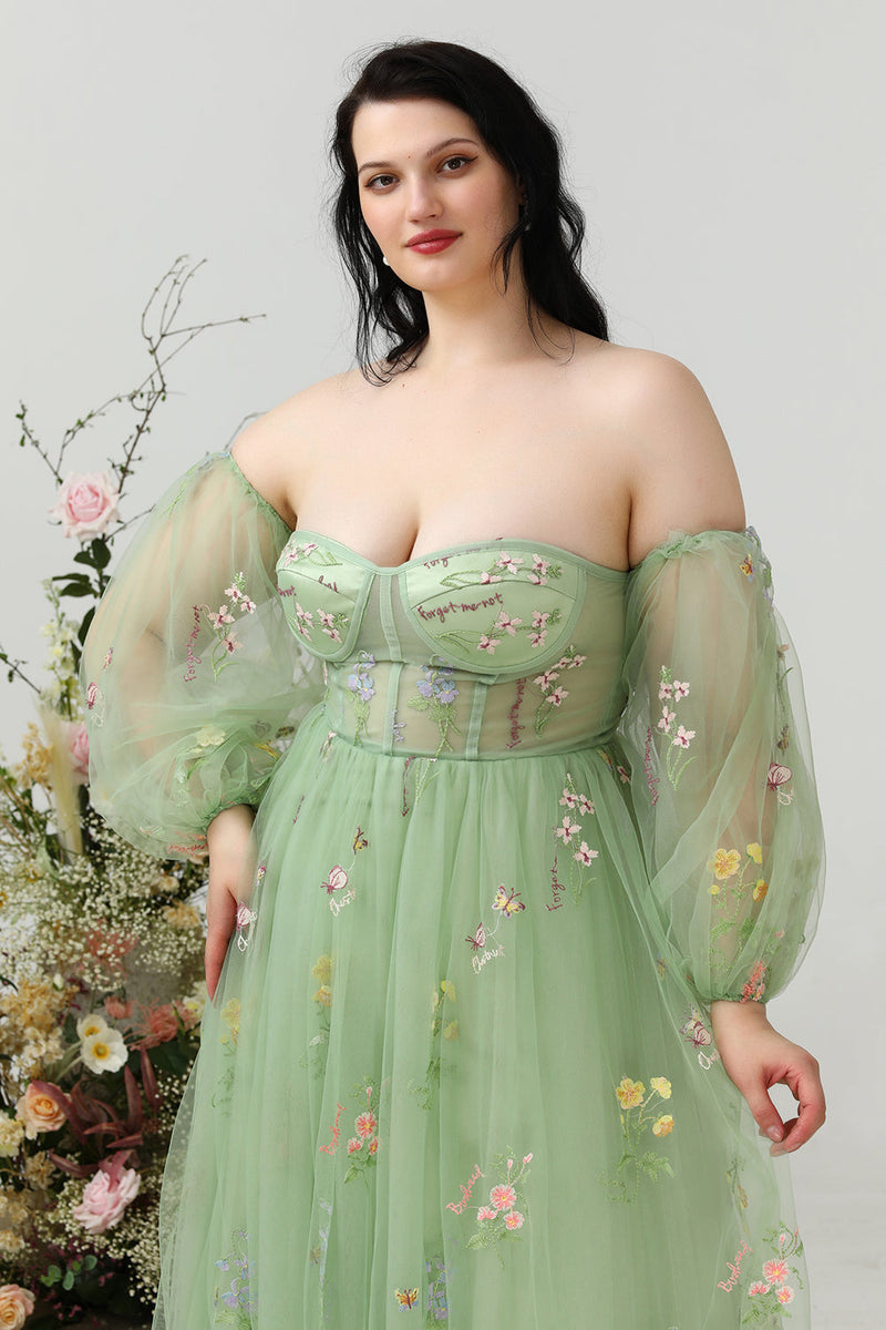 Load image into Gallery viewer, A Line Off the Shoulder Green Plus Size Prom Dress with Embroidery