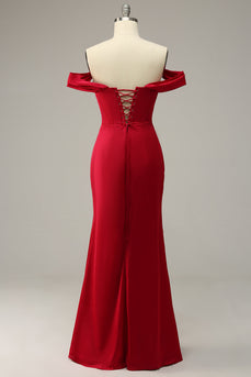Plus Size Mermaid Off the Shoulder Burgundy Long Prom Dress with Slit