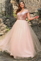 Load image into Gallery viewer, Off the Shoulder A Line Blush Plus Size Prom Dress