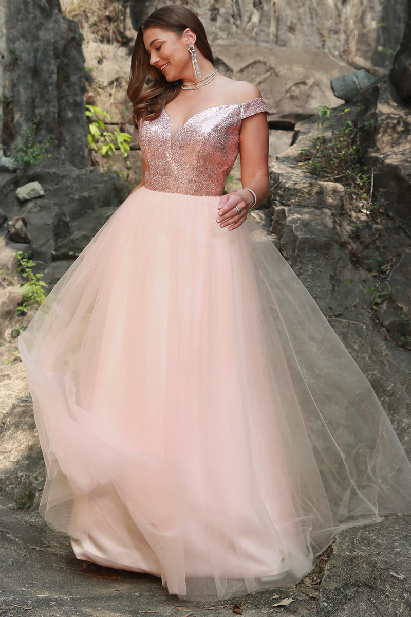 Load image into Gallery viewer, Off the Shoulder A Line Blush Plus Size Prom Dress