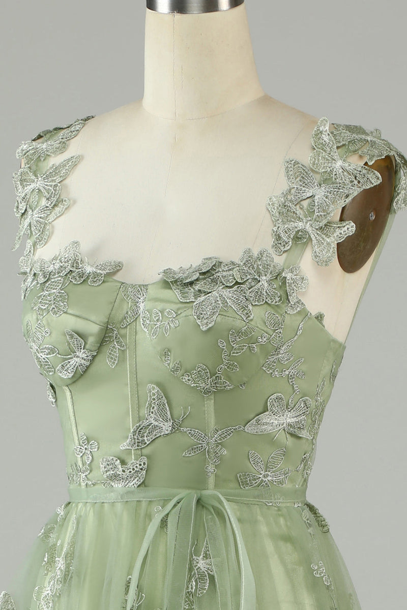 Load image into Gallery viewer, Green Corset Long Tulle Prom Dress with 3D Butterflies