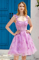 Load image into Gallery viewer, Purple A Line Corset Short Prom Dress with 3D Butterflies