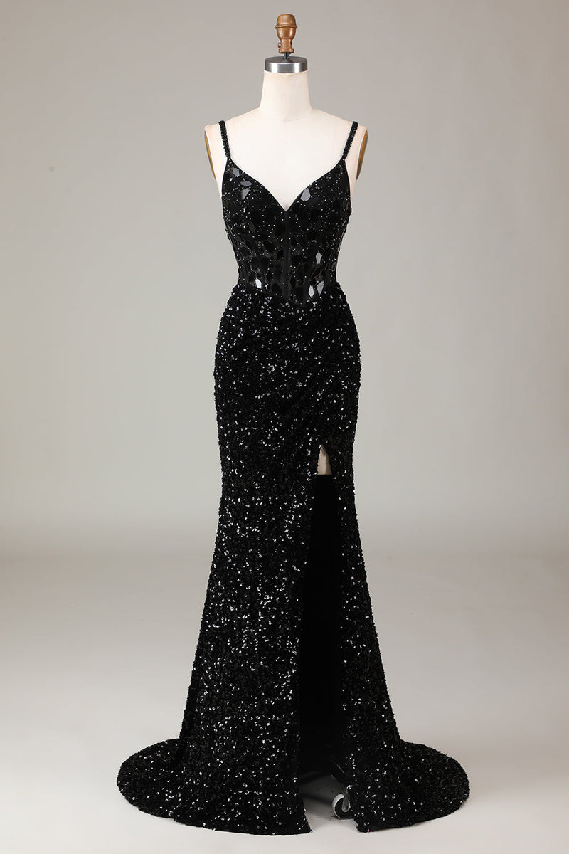 Load image into Gallery viewer, Glitter Mirror Sequins Red Corset Prom Dress with Slit