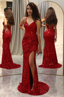 Load image into Gallery viewer, Sparkly Red Mermaid Long Mirror Prom Dress With Slit
