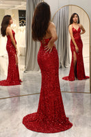 Load image into Gallery viewer, Sparkly Red Mermaid Long Mirror Prom Dress With Slit