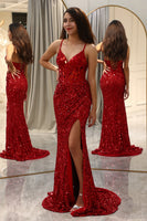 Load image into Gallery viewer, Sparkly Red Mermaid Long Mirror Prom Dress With Slit