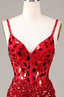 Load image into Gallery viewer, Glitter Mirror Sequins Red Corset Prom Dress with Slit