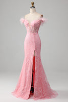 Load image into Gallery viewer, Mermaid Off the Shoulder Sparkly Pink Feathers Corset Prom Dress With Slit