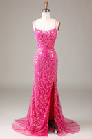 Load image into Gallery viewer, Hot Pink Sequins & Beaded Mermaid Prom Dress with Slit