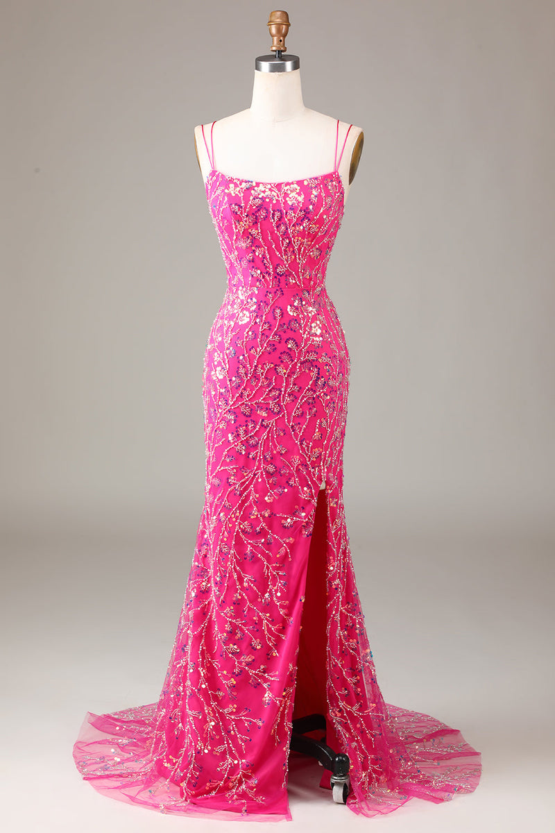 Load image into Gallery viewer, Hot Pink Sequins & Beaded Mermaid Prom Dress with Slit
