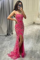 Load image into Gallery viewer, Sparkly Fuchsia Mermaid Long Appliqued Prom Dress With Slit