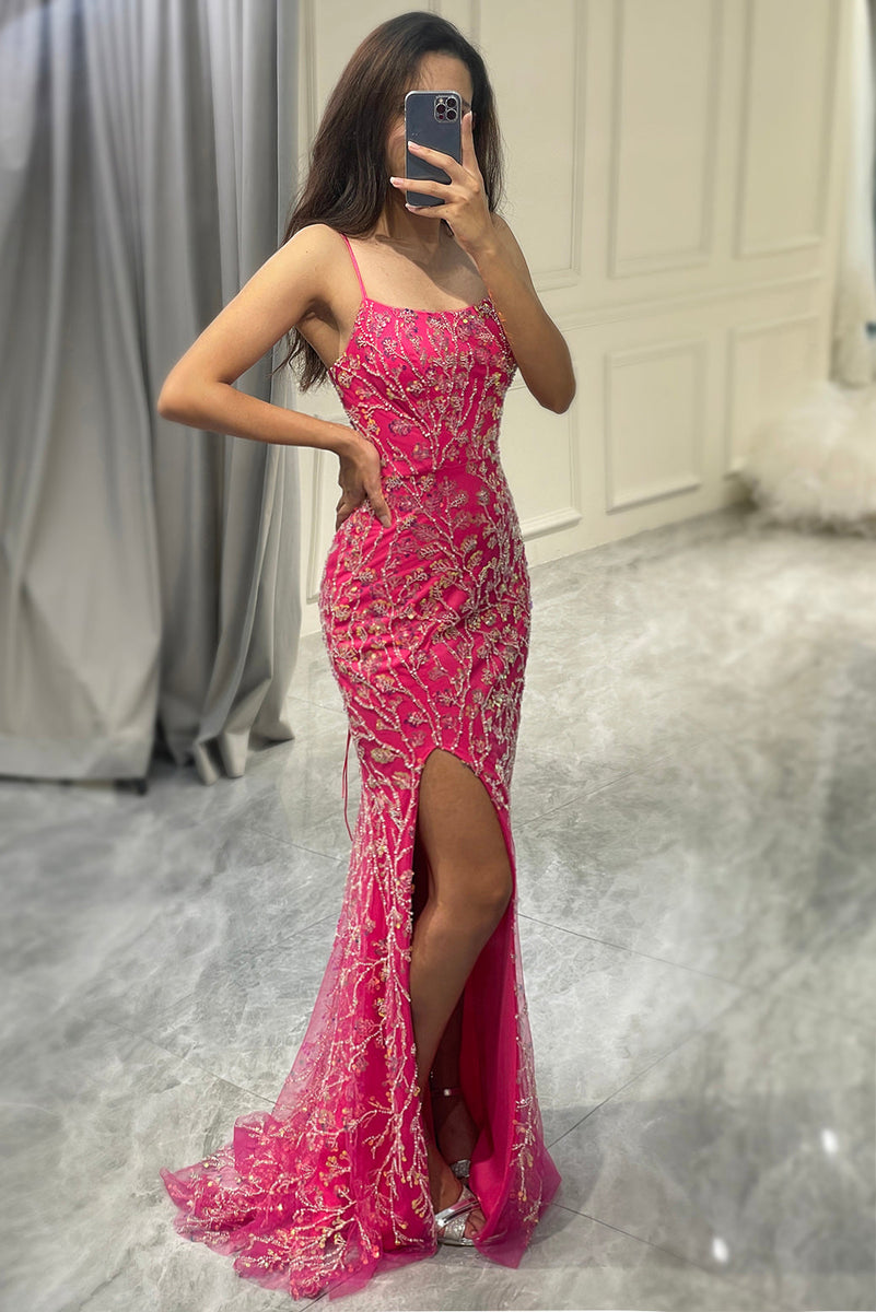 Load image into Gallery viewer, Sparkly Fuchsia Mermaid Long Appliqued Prom Dress With Slit