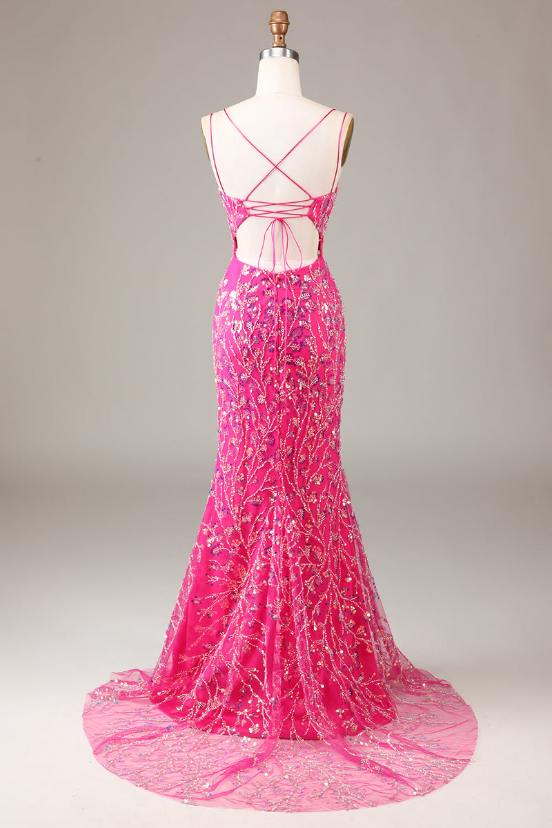 Load image into Gallery viewer, Hot Pink Sequins & Beaded Mermaid Prom Dress with Slit