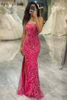 Load image into Gallery viewer, Sparkly Fuchsia Mermaid Long Appliqued Prom Dress With Slit