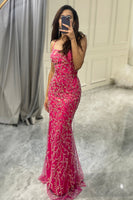 Load image into Gallery viewer, Sparkly Fuchsia Mermaid Long Appliqued Prom Dress With Slit