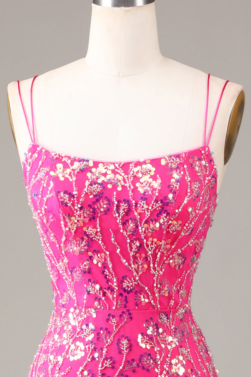 Load image into Gallery viewer, Hot Pink Sequins & Beaded Mermaid Prom Dress with Slit